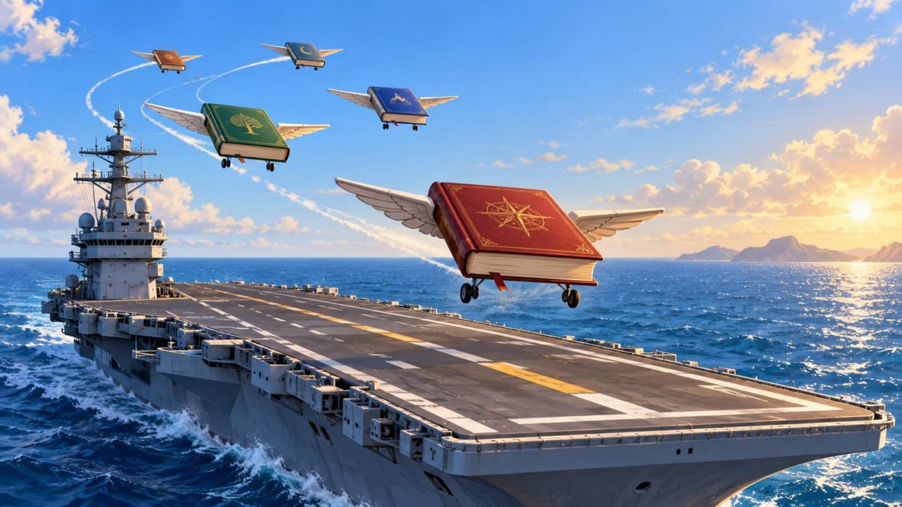 Illustrated books flying toward an aircraft carrier like planes in a landing pattern